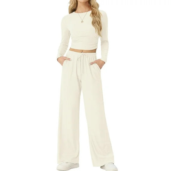 MINTREUS Lounge Sets for Women Long Sleeve Tops Wide Leg Pants Comfy Loungewear Two Piece Outfits... | Walmart (US)