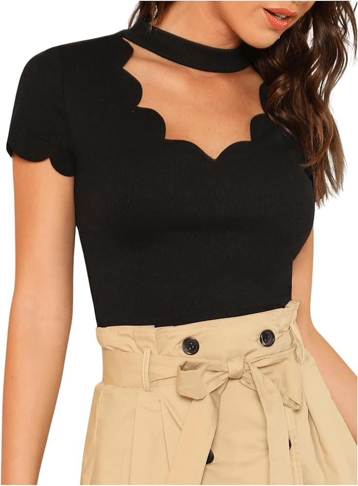 OYOANGLE Women's Summer Scallop Trim Short Sleeve V Neck Slim Fit Blouse Top Shirts | Amazon (US)