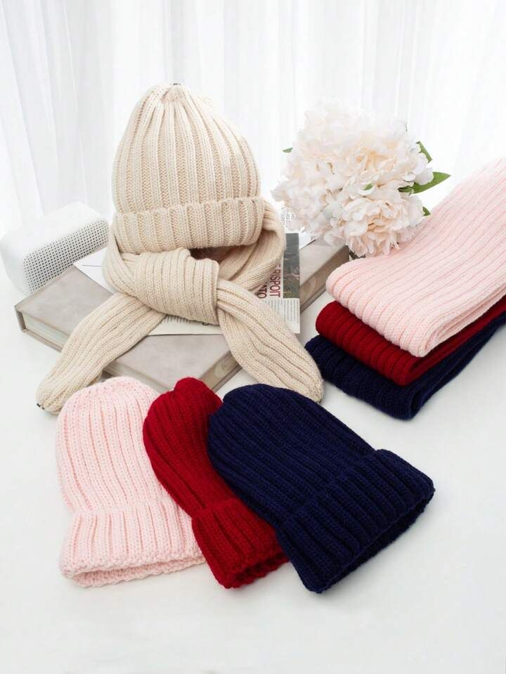 2pcs/set Women's Simple Knitted Scarf And Hat Set Beige, Suitable For Autumn And Winter, Keep War... | SHEIN