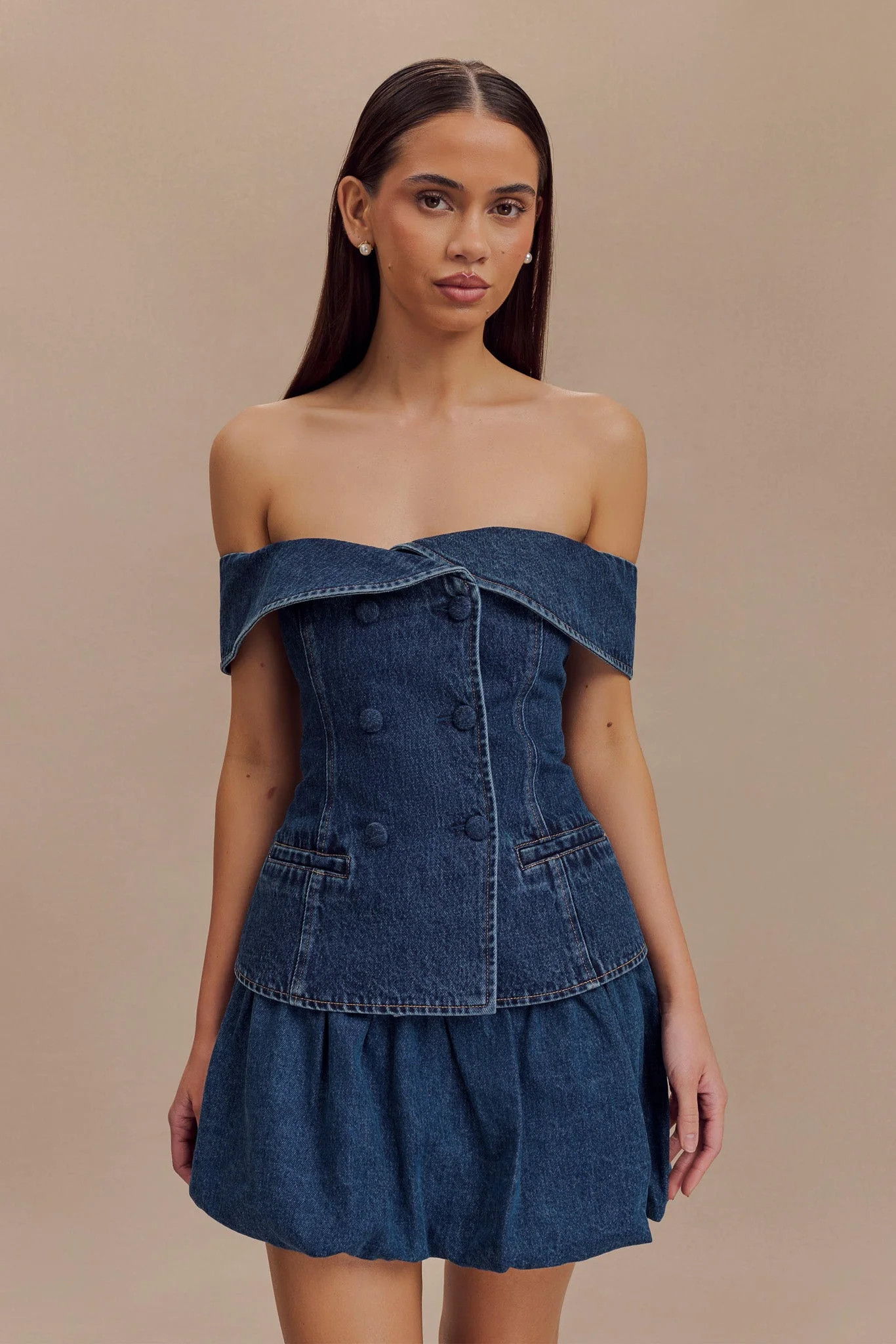 Krista Denim Off Shoulder Top - Dark Blue | MESHKI US