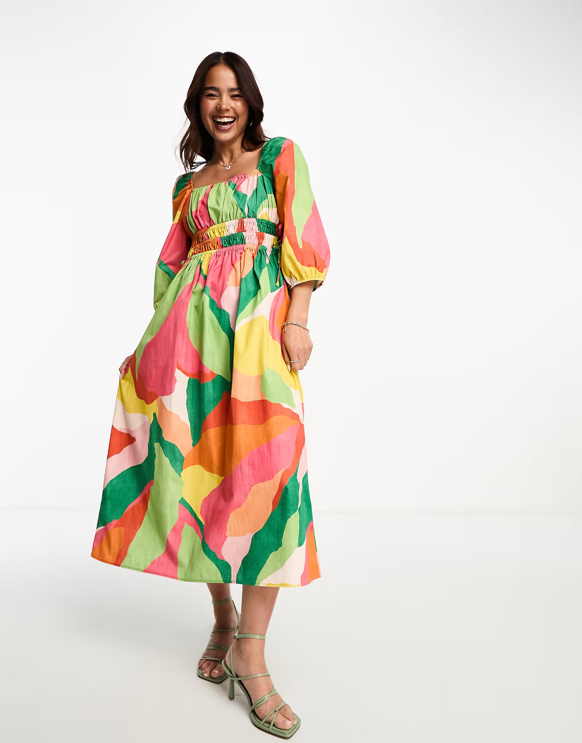 Nobody's Child Franzie puff sleeve abstract midi dress in red and green | ASOS (Global)
