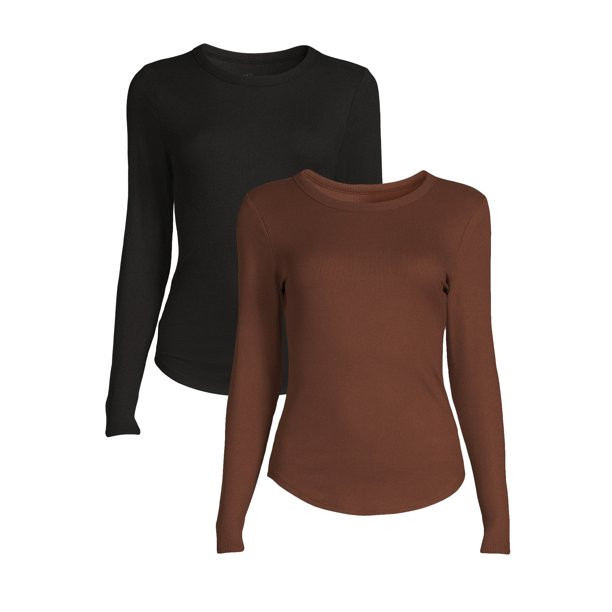 No Boundaries Juniors' Ribbed Crewneck Tee with Long Sleeves, 2-Pack - Walmart.com | Walmart (US)