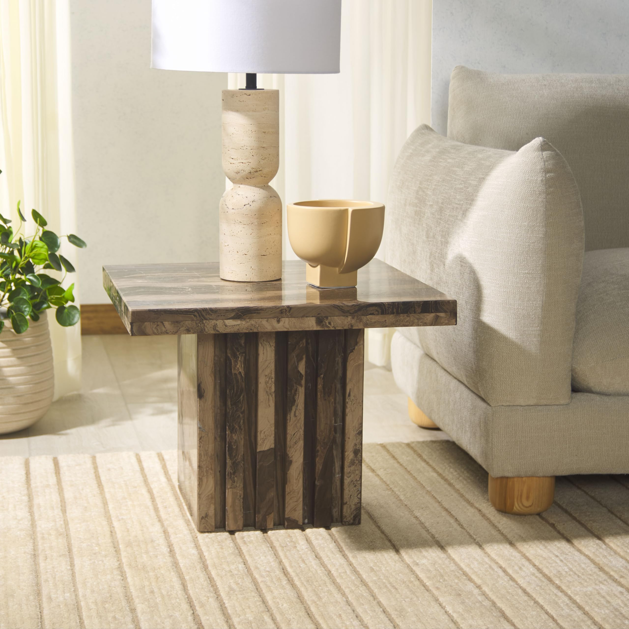 SAFAVIEH Couture Collection - Olivia Brown Marble Accent Table, Tall Square Pedestal Design, Sculptural Statement Piece (SFV9701B) | Amazon (US)