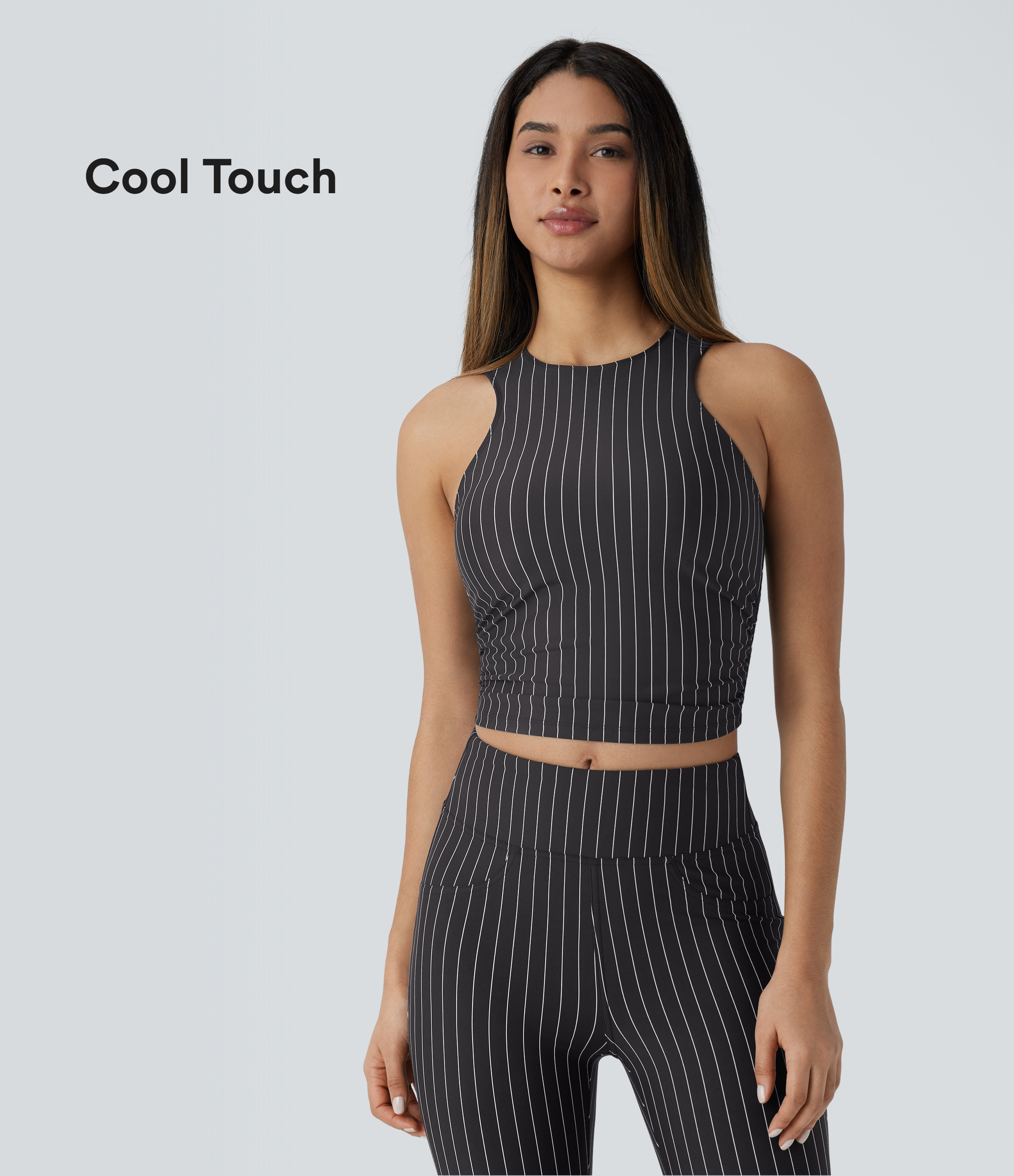 Halara Ruched Stripe Cropped Cool Touch Yoga Sports Top - Black White Oxford Pinstripe - S | HALARA