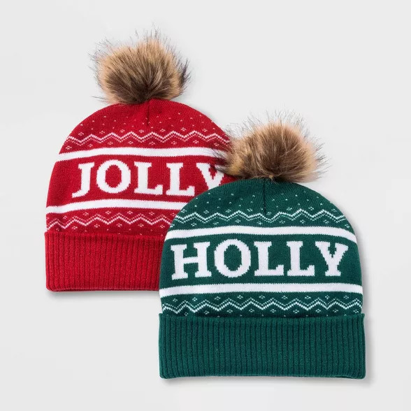 Mighty Fine Adult Holly and Jolly Christmas Pom Beanie 2pc Set - Red/Green | Target