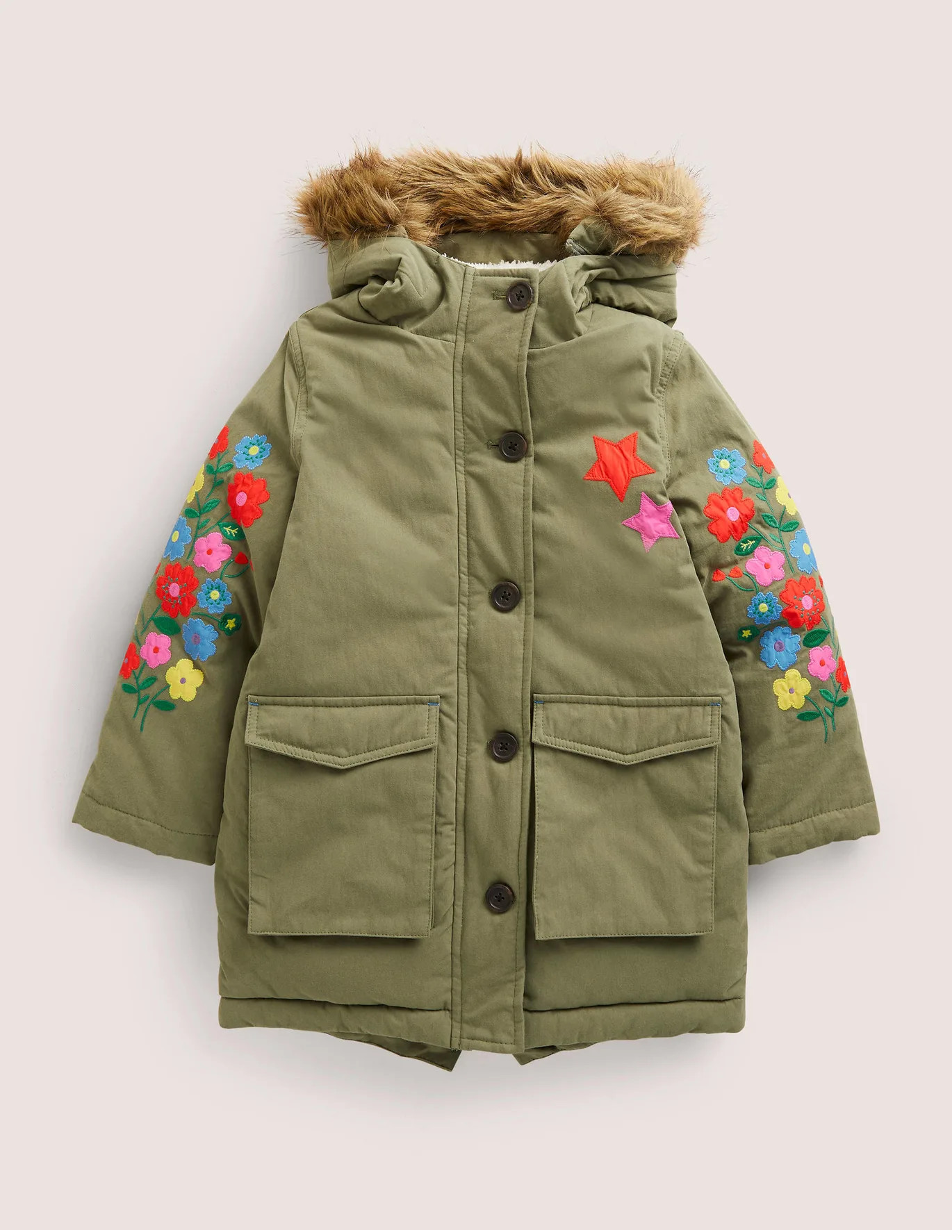 Green Fleece-Lined Floral Embroidered Coat - Army Green Floral | Boden (US)