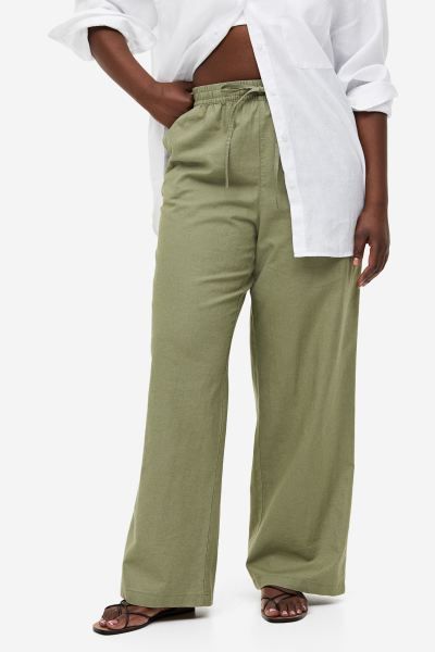 Linen-blend Pull-on Pants - Khaki green - Ladies | H&M US | H&M (US + CA)