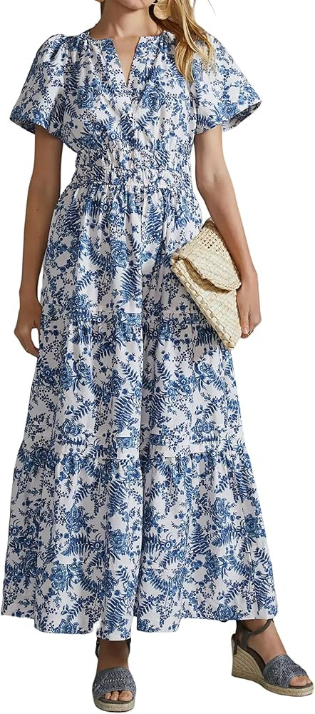 R.Vivimos Women's Summer Cotton V Neck Short Sleeve Boho Floral Print Elastic Smocked Waist A-Lin... | Amazon (US)