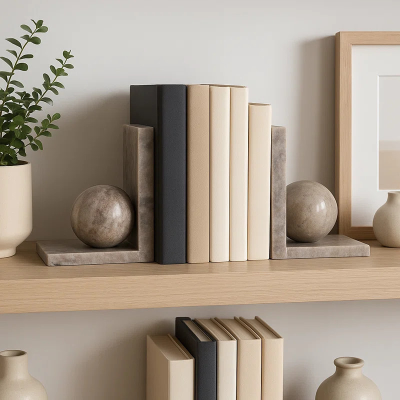 Decorative Bookends With Ball Orbs Accent - Modern Bookshelf Decor For Shelf, Office Desk, Or Hom... | Wayfair North America