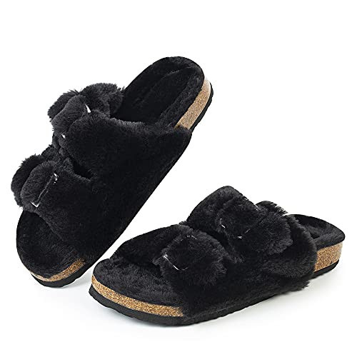 FITORY Womens Open Toe Slipper with Cozy Lining,Faux Rabbit Fur Cork Slide Sandals Black Size 7 | Amazon (US)