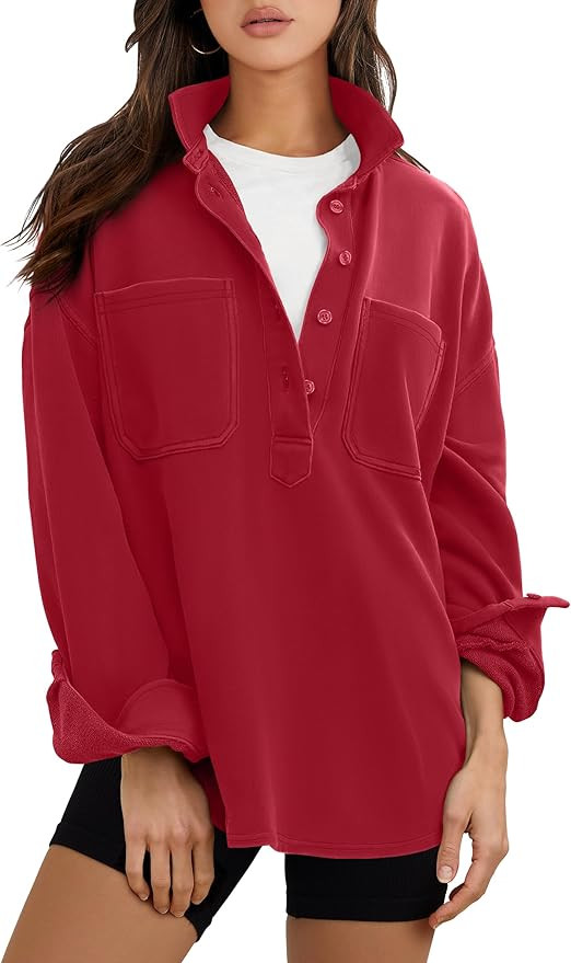 ANRABESS Sweatshirt for Women Oversized Casual Long Sleeve Side Slit Button Lapel Polo Pullover T... | Amazon (US)