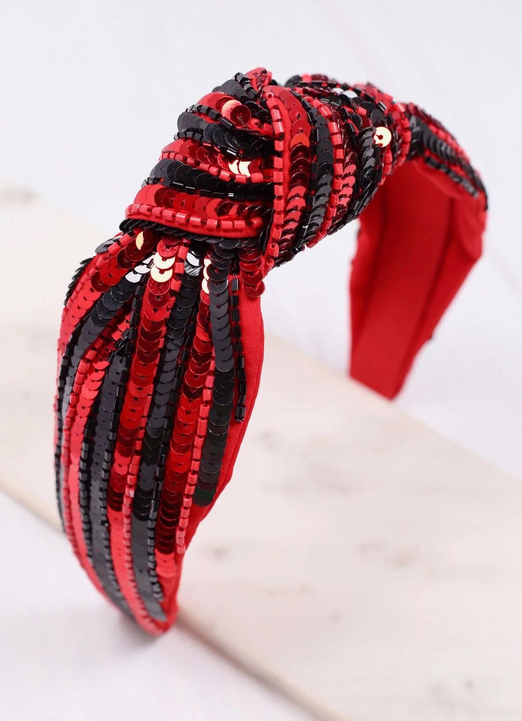 Natasha Sequin Striped Headband RED BLACK | Caroline Hill
