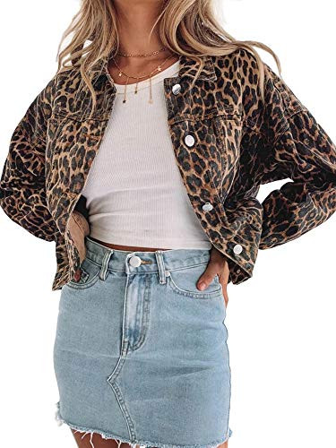 Denim Jacket for Women Leopard Print Retro Shape Button-up Front Bomber Jacket (S, Leopard print denim jacket) | Amazon (US)