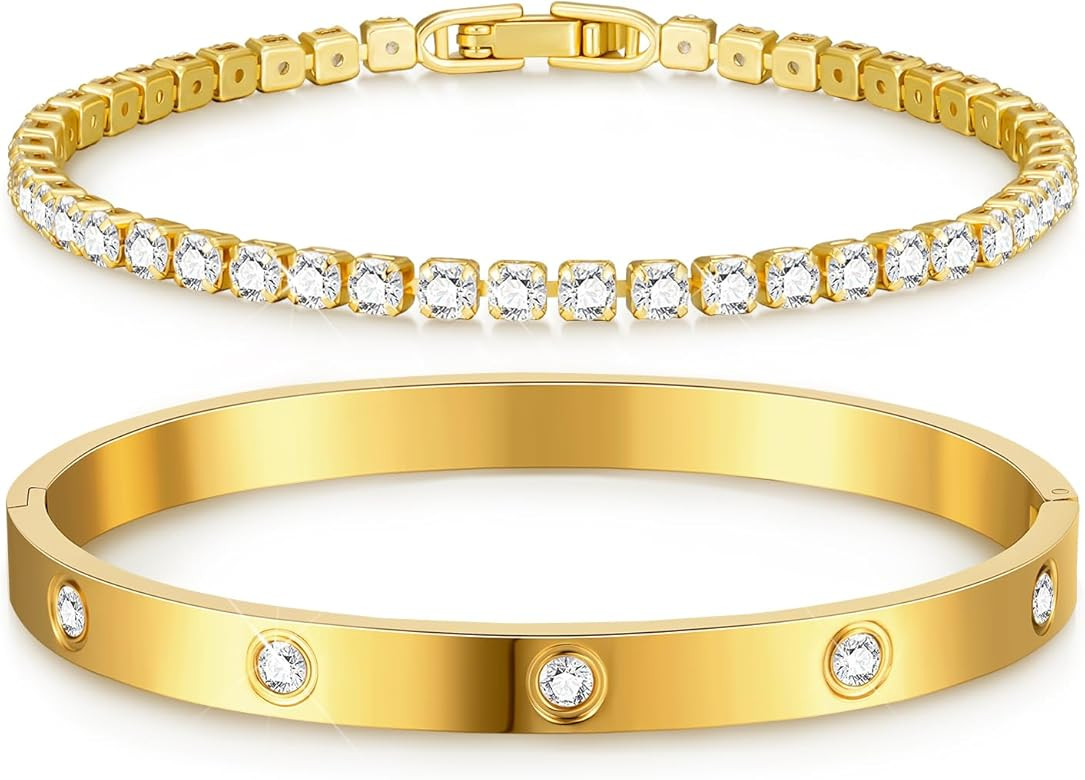 doubgood Gold Bracelets for Women, Stackable Gold Bangles Friendship Love Tennis Bracelets 5A Cub... | Amazon (US)