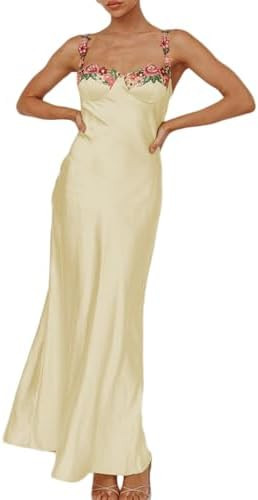 Sexy Satin Spaghetti Strap Floral Embroidered Maxi Dress for Women Sweetheart Neckline Backless S... | Amazon (US)