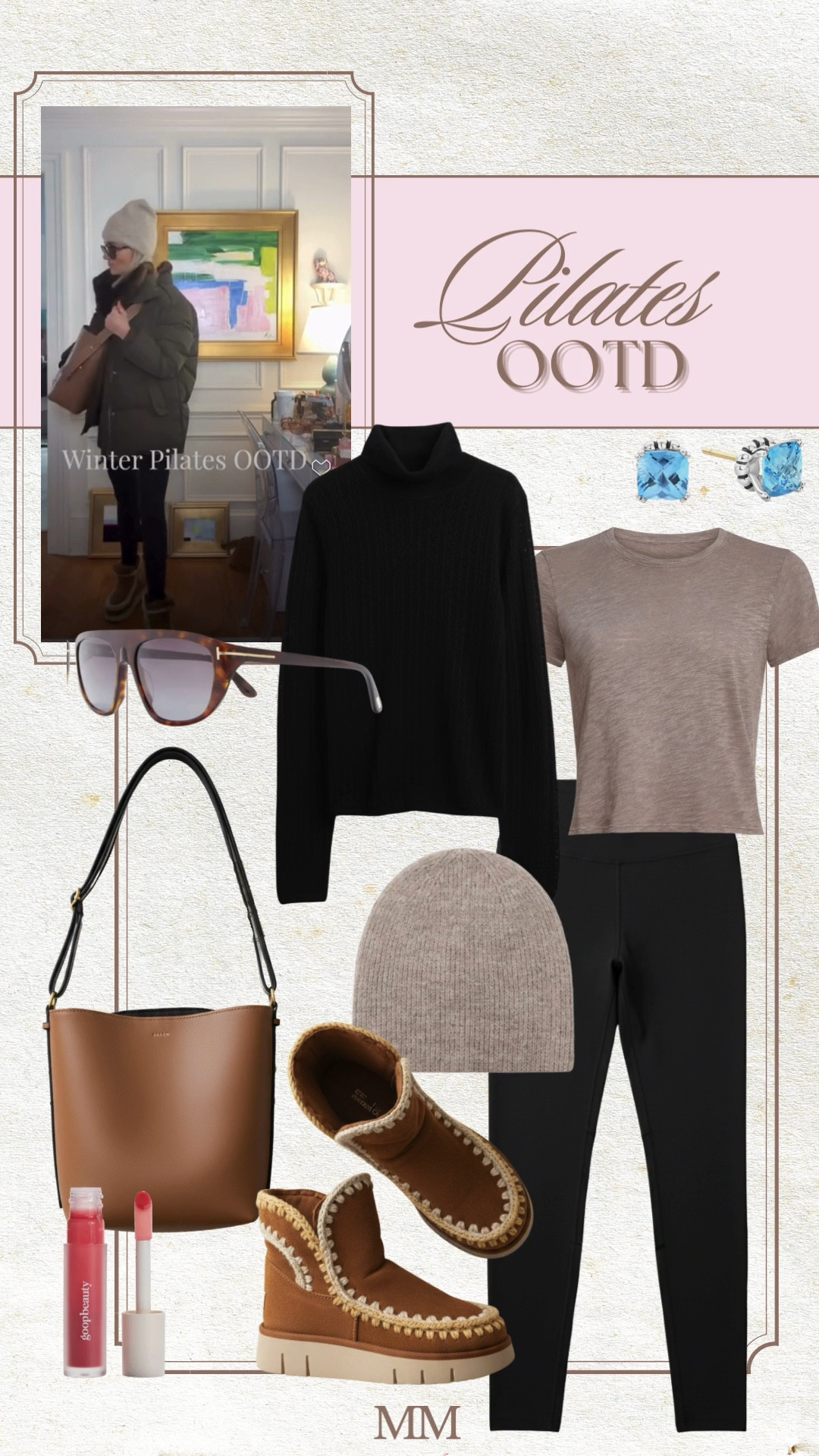 Pilates OOTD for cold mornings: fitted black turtleneck layered with a soft neutral tee and sleek black leggings, finished with cozy shearling clogs, a ribbed knit beanie, classic sunglasses, bright blue studs, and a brown shoulder bag. [pilates outfit, winter pilates outfit, pilates ootd, leggings outfit, black leggings, turtleneck outfit, neutral basics, cozy clogs, shearling clogs, knit beanie, studio to street, athleisure outfit, classic sunglasses, brown shoulder bag]

#LTKOver40 #LTKActive #LTKfitnessgoals