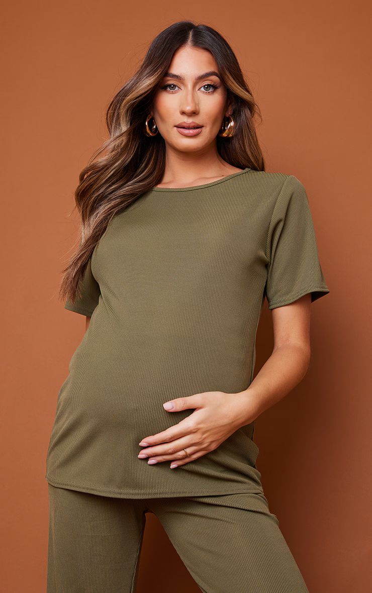 Maternity Olive Rib Oversized Short Sleeved T Shirt | PrettyLittleThing US