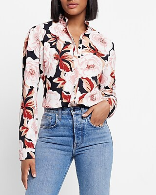Floral Print Ruffle Neck Portofino Shirt | Express