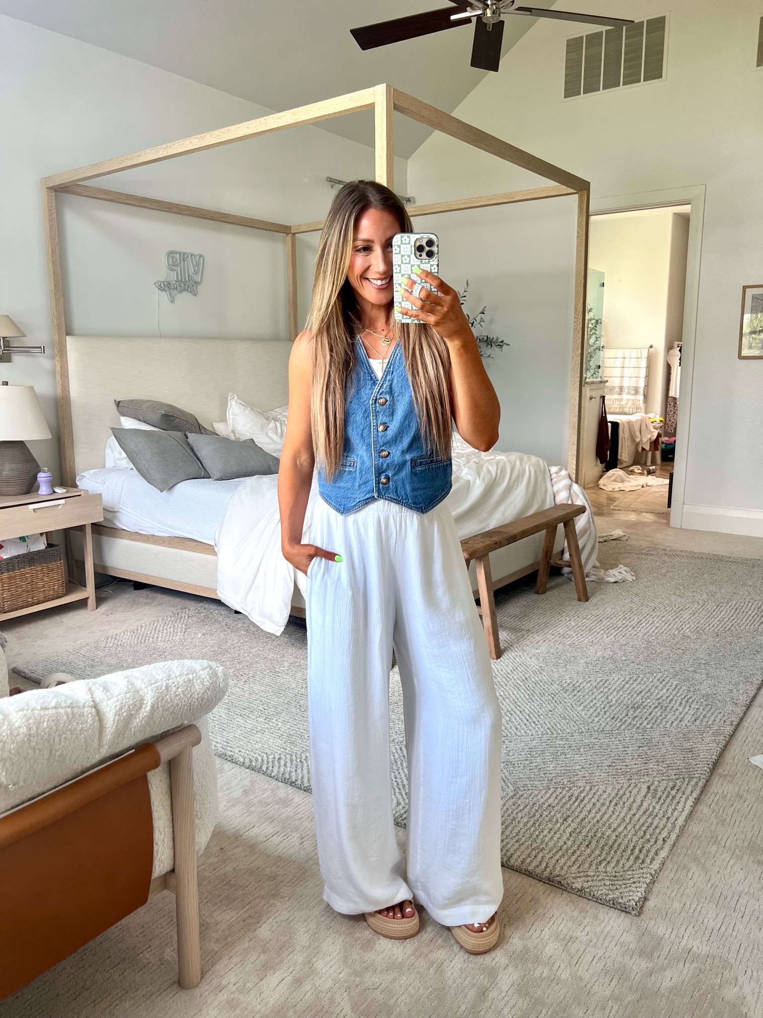 Denim vest outfit! Also linked similar vests at diff price points. Crinkle pant wearing sm. both tts! Shoes are tts I wear all the time, very comfy! Platform sandals