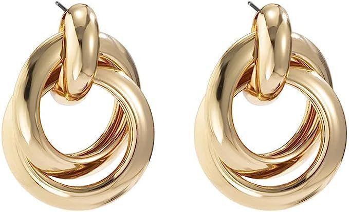 BETHYNAS Twisted Earrings Round Double Circle Stud Earrings Statement Chunky Polished Drop Hoop E... | Amazon (US)