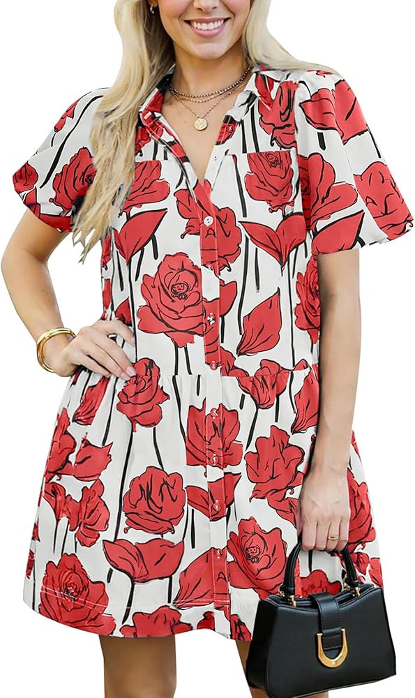 Hount Womens Summer Puff Sleeve Loose Mini Dress Floral Print Button Down Casual Beach Sun Dresse... | Amazon (US)