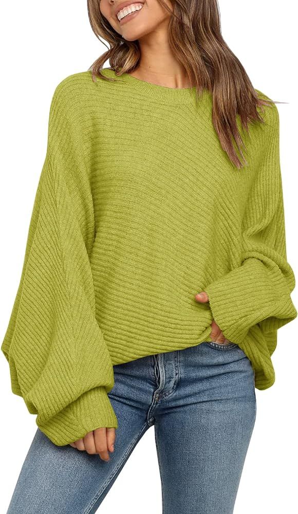 Mafulus Women's Oversized Crewneck Sweater Batwing Puff Long Sleeve Cable Slouchy Pullover Jumper To | Amazon (US)