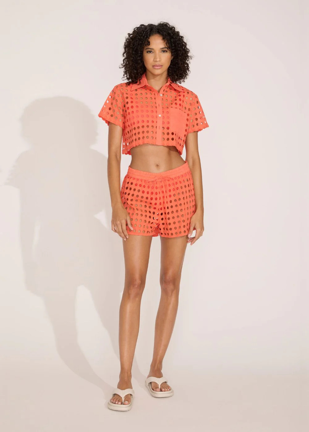 The Eyelet Cropped Cabana Shirt in Hot Coral | Solid & Striped