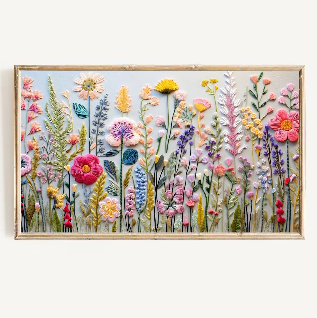 Spring Frame TV Art Instant Download Wildflower Floral Embroidery Textured Art for TV Digital Dow... | Etsy (US)