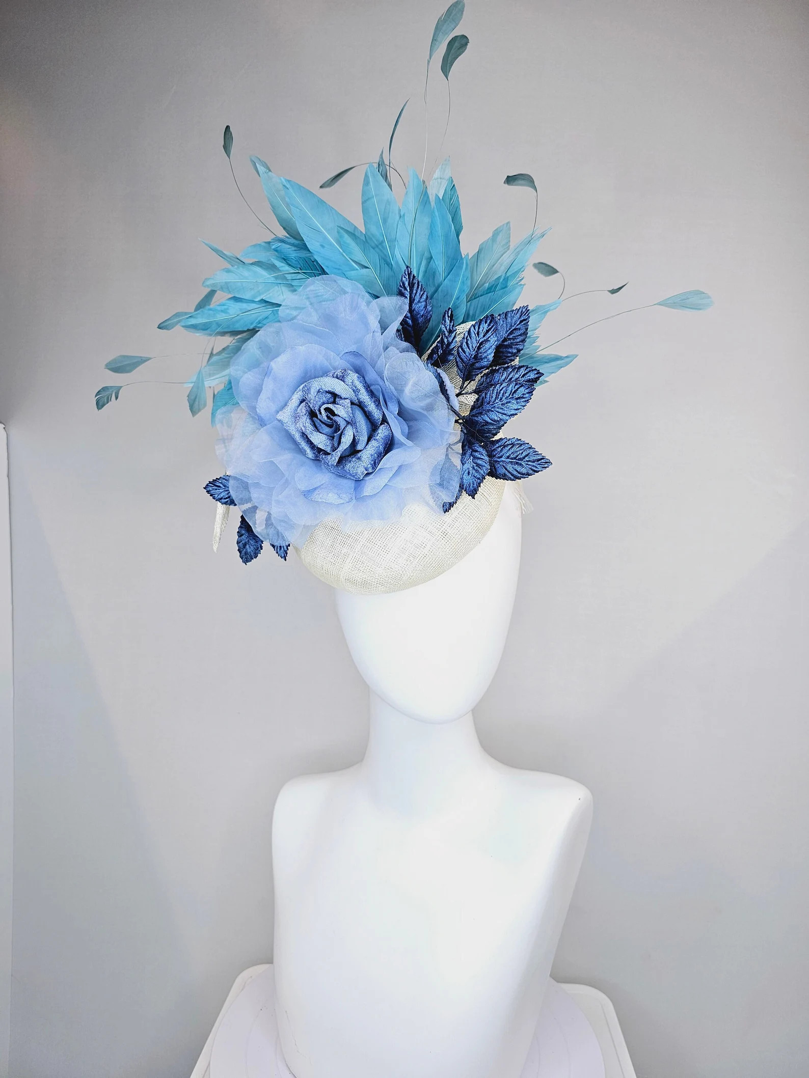 Kentucky Derby Hat Fascinator White Sinamay With Light Blue Organza Rose Flower Teal Blue Feather... | Etsy (US)