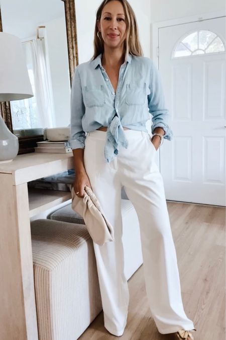 Favorite white pants for casual spring style perfect for vacation too paired with a chambray top effortless and chic look that’s timeless 