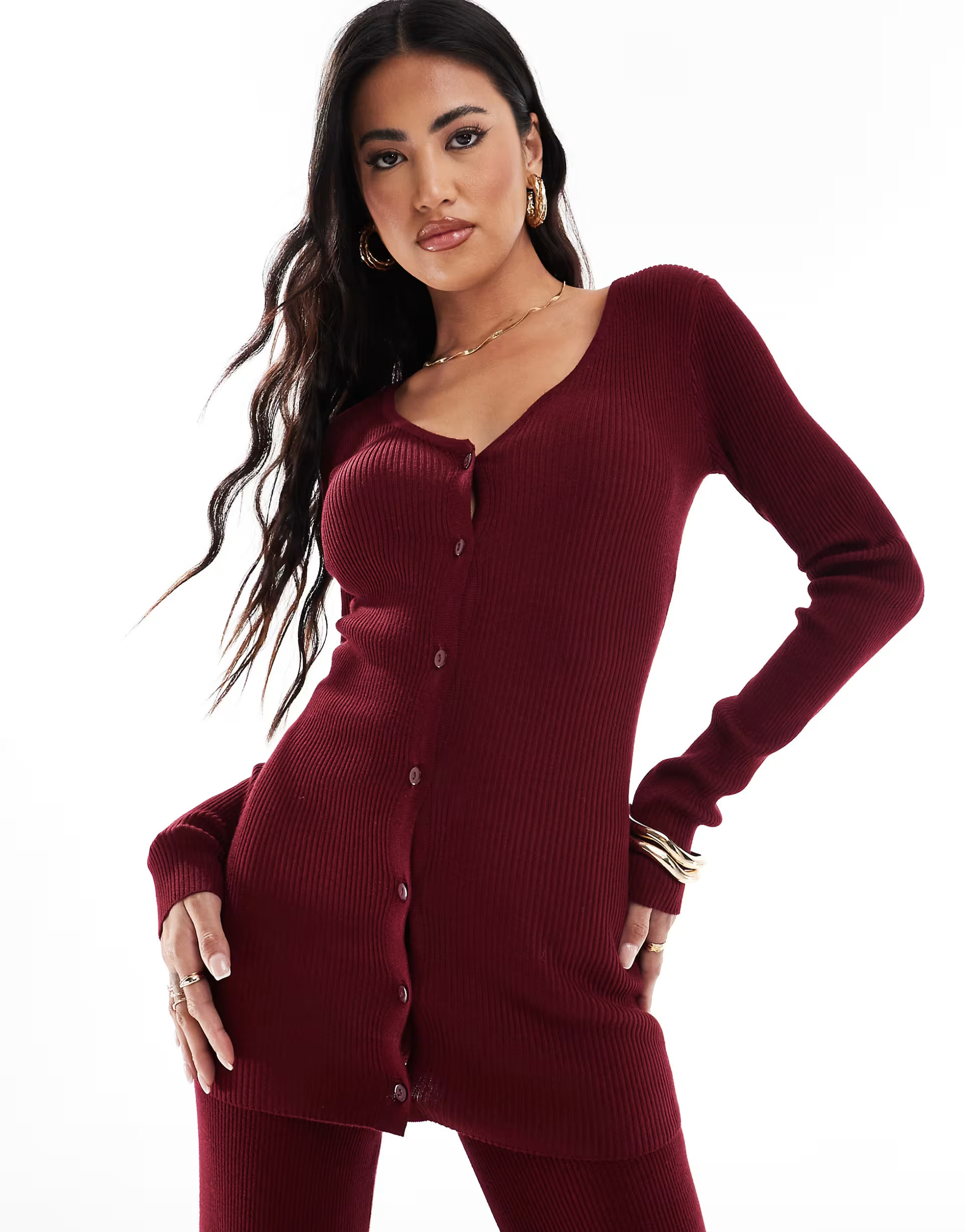 Simmi knitted longline cardigan co-ord in burgundy | ASOS (Global)