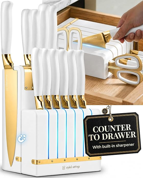 White and Gold Knife Set with Magnetic Knife Holder - Space Saving Convertible In Drawer Knife Se... | Amazon (US)