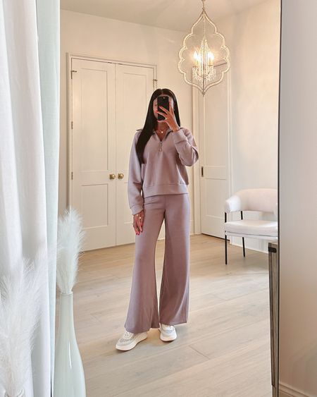 Cozy loungewear outfit! Perfect for running errands or travel days. Wearing a medium in the half zip and an xs in the wide leg pants! 

airport style, travel outfit, comfy style, dolce vita sneakers

#LTKtravel #LTKshoecrush #LTKstyletip