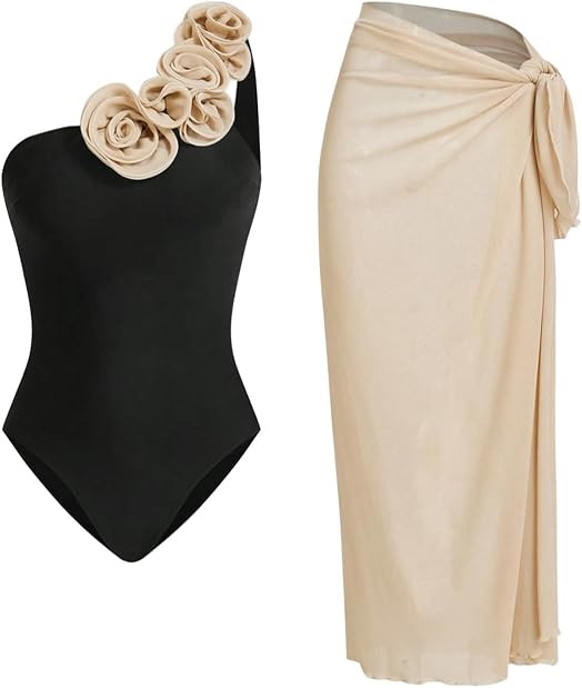 Women's Luxury Rose Decor Elegant One-Piece Swimsuit with Cover Up Skirt Set, for Summer Beach Va... | Amazon (US)
