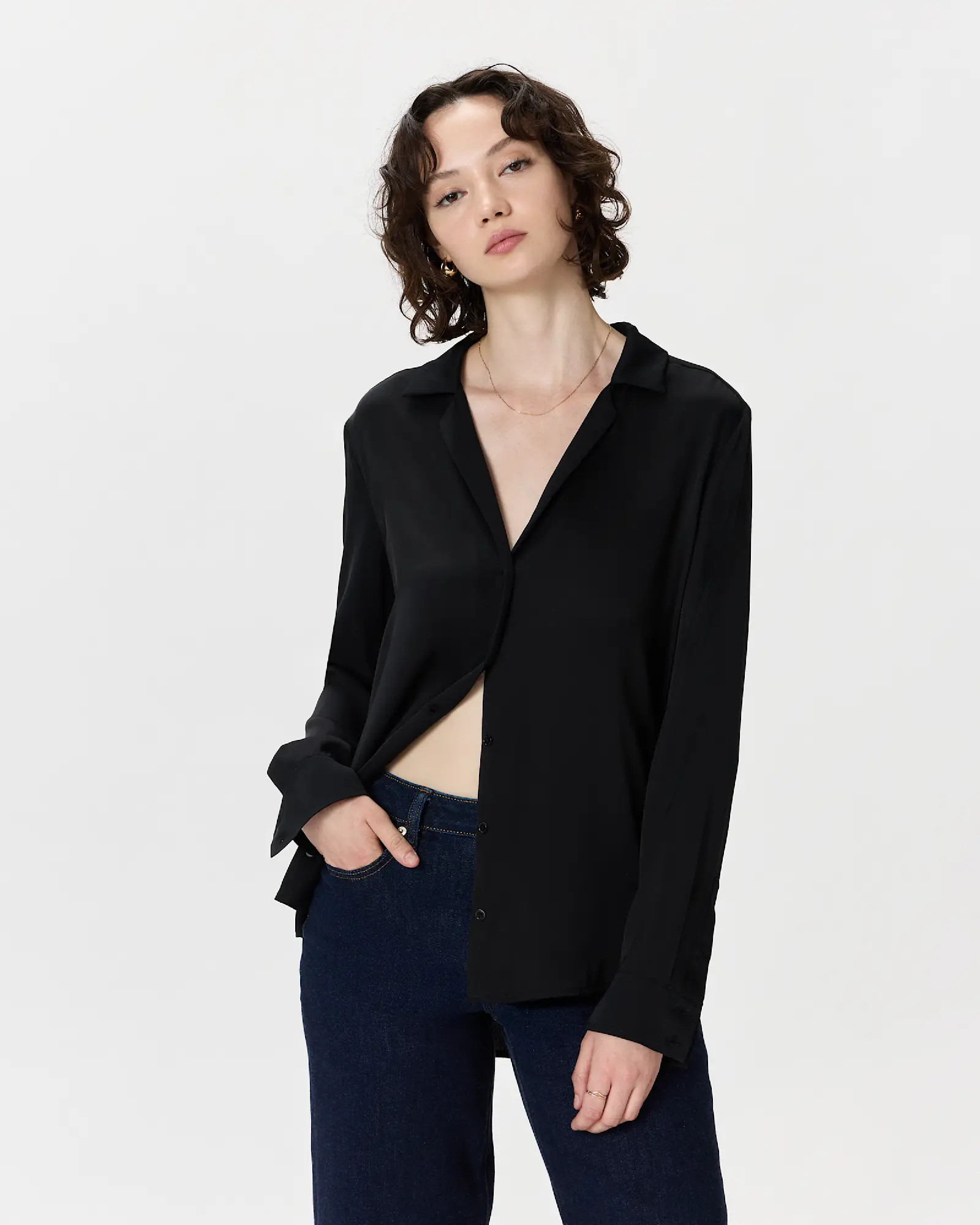 Washable Stretch Silk Notch Collar Blouse | Quince in Black | Quince