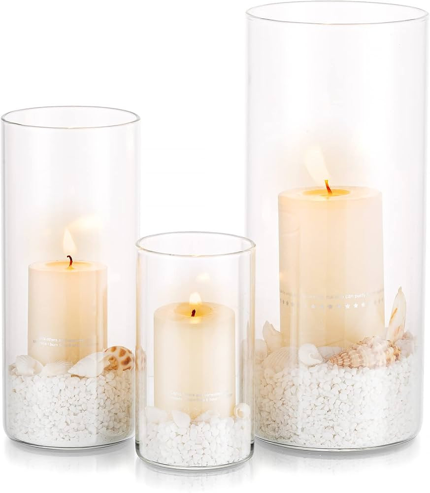 Glasseam Glass Cylinder Hurricane Candle Holder Set of 3, Pillar Candle Holders for Table Centerp... | Amazon (US)