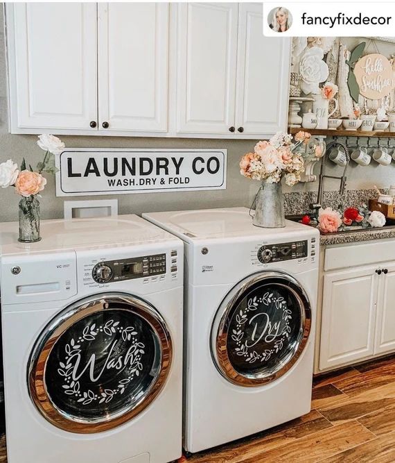 Laundry room decor "Wash" "Dry" vinyl decal set, washing machines and dryers. farmhouse laundry r... | Etsy (US)