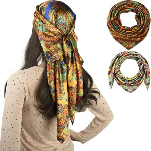 corciova Large Square Satin Silk Like Lightweight Scarf Hair Wrap Women Olive Totem Curly Headban... | Amazon (US)