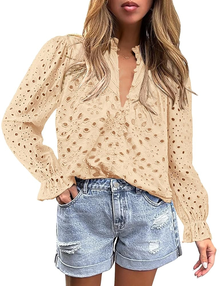 PRETTYGARDEN Women's Dressy Casual Blouse Tops Fall Spring Puff Long Sleeve Button V Neck Hollow ... | Amazon (US)