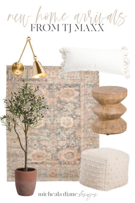 Neutral Home Decor TJMaxx. Potted Olive tree, neutral pouf, affordable end table, gold sconce, neutral throw pillow, vintage inspired area rug. 

#LTKstyletip #LTKFind #LTKhome