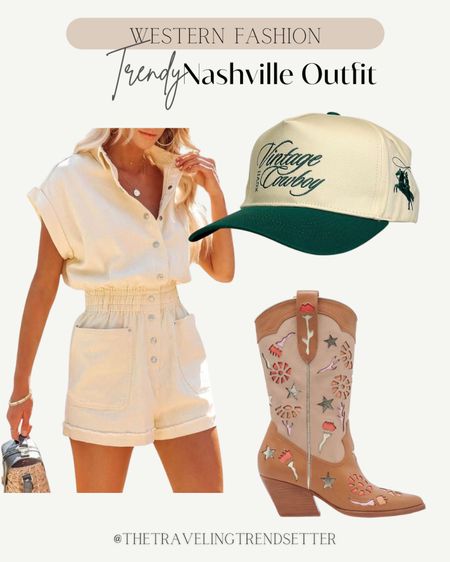Western fashion - trendy Nashville outfit - romper - trucker hat - vintage hat - dolce vita - boots - cowgirl boots - cowboy boots - booties - spring outfit - summer outfit 

#LTKshoecrush #LTKfindsunder50 #LTKstyletip