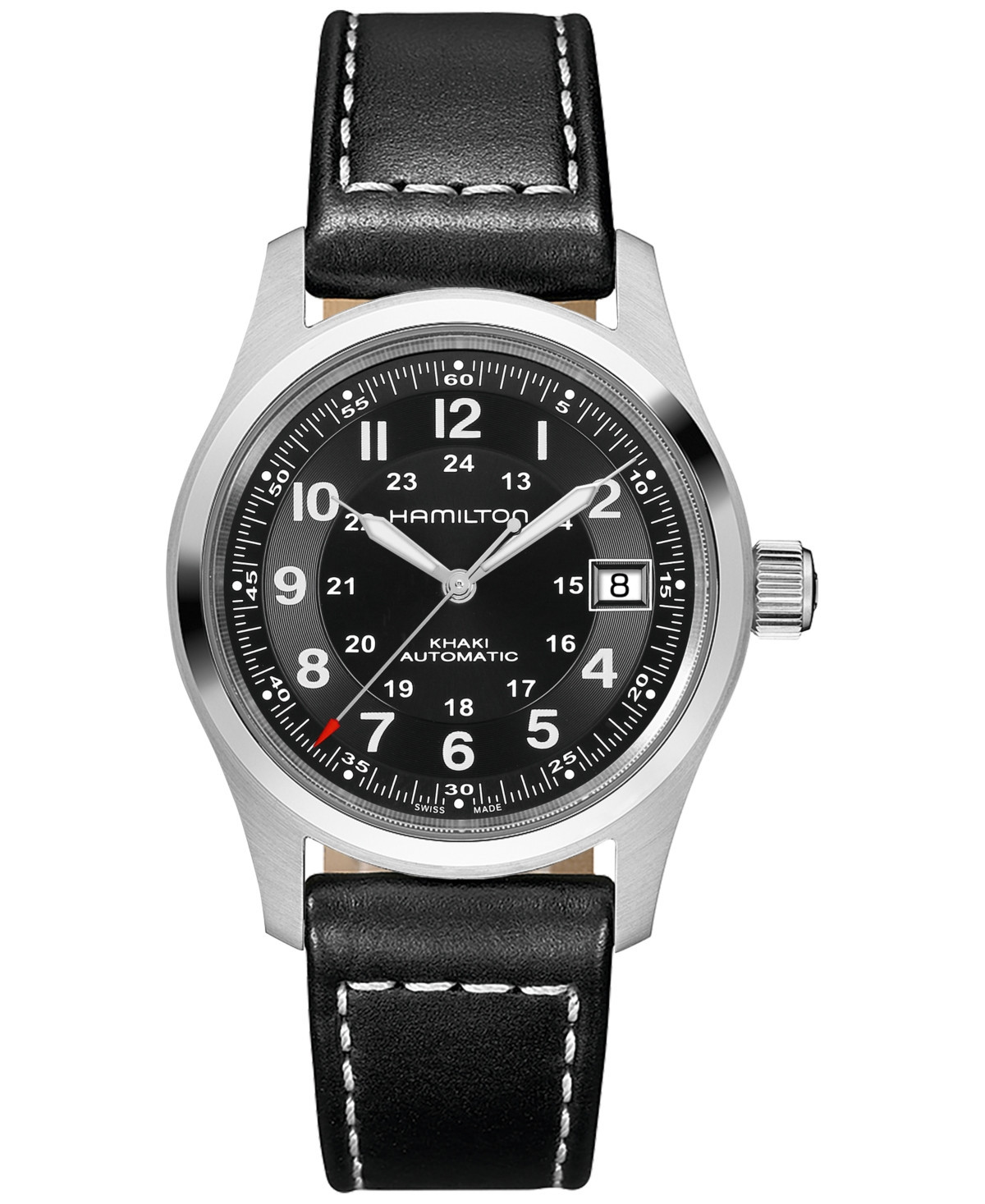 Hamilton Men's Swiss Automatic Khaki Field Black Leather Strap Watch 38mm | Macy's