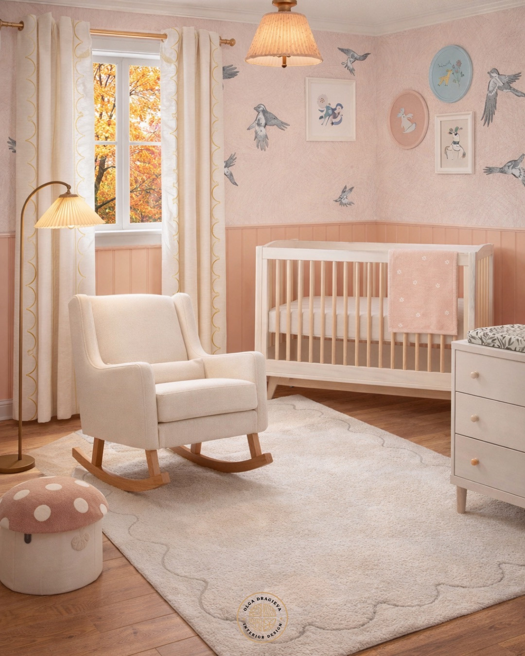 Neutral nursery design! I love this wallpaper from Chasing paper! How cute is that?! Babyletto crib and dresser, rocker, cute mushroom ottoman, neutral scalloped rug, scalloped curtains, lighting from Pottery Barn. #homedecor #nursery

#LTKBump #LTKBaby #LTKHome