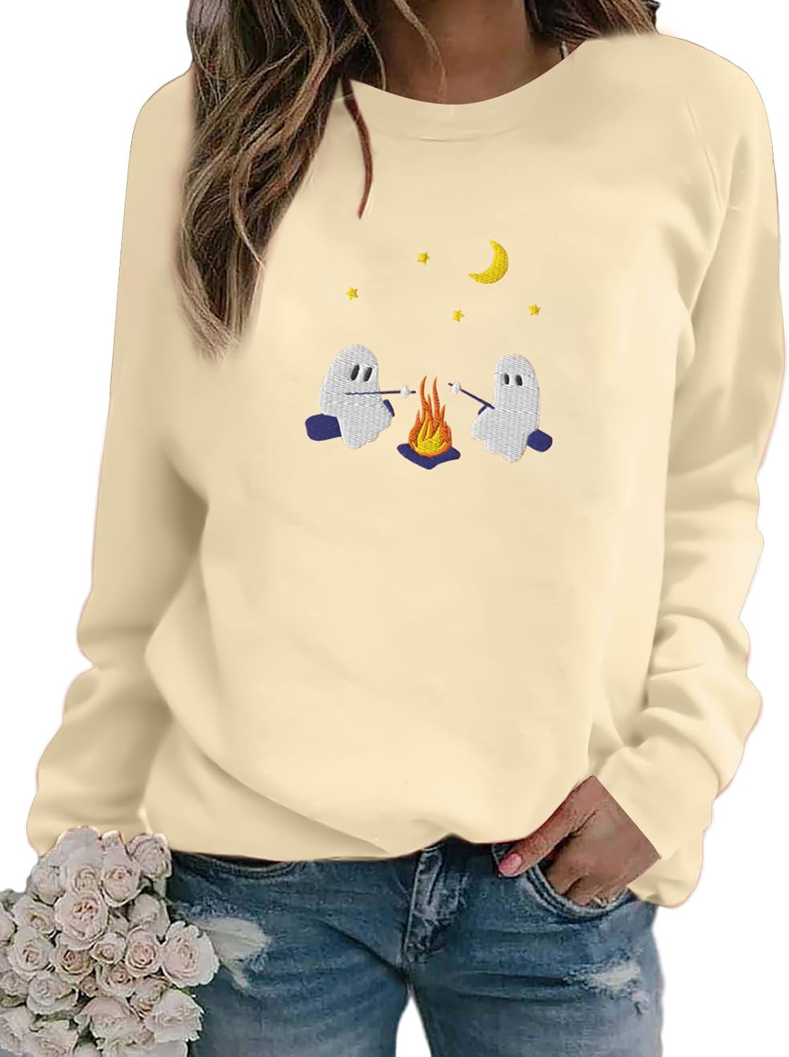 Halloween Ghost Sweatshirt Womens Fun Embroidered Graphic Sweatshirts Cute Spooky Pullover Casual Long Sleeves Shirt | Amazon (US)