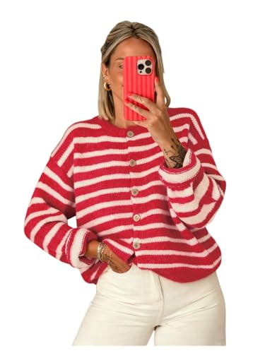 Milumia Women's Striped Button Up Cardigan Sweater Y2k Fall Long Sleeve Crewneck Oversized Sweate... | Amazon (US)