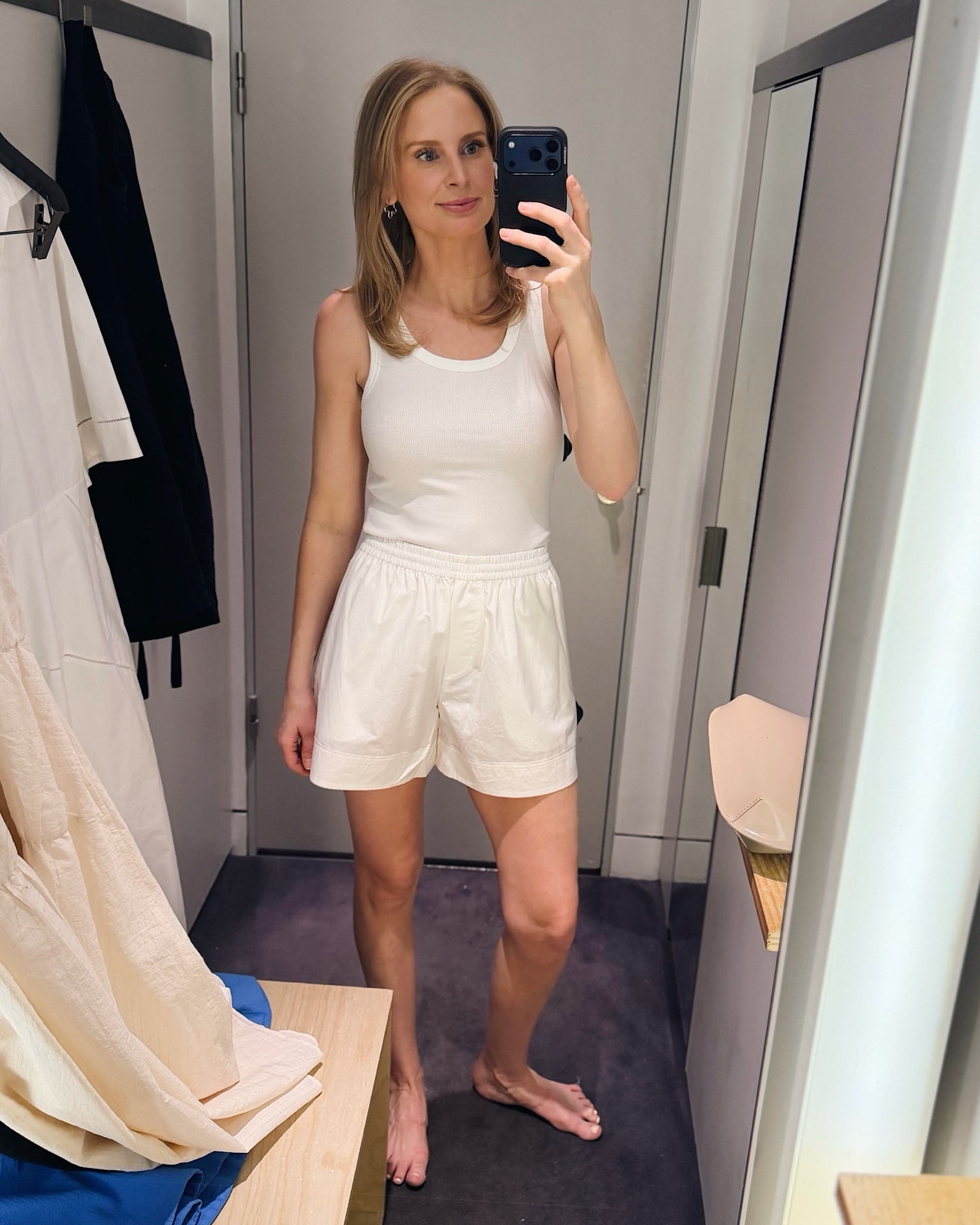 COS try-on! Wearing a 4 in the white shorts and blue jumpsuit, a small in the tank and the 25 in the denim shorts.