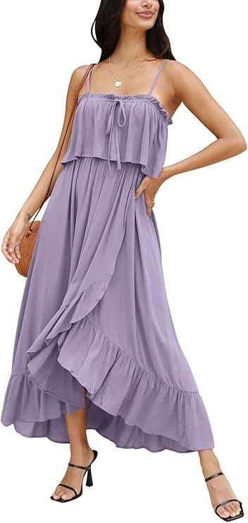 DEEP SELF Women’s Summer Casual Adjustable Spaghetti Strap Maxi Dress Sleeveless Ruffle Hem Hig... | Amazon (US)