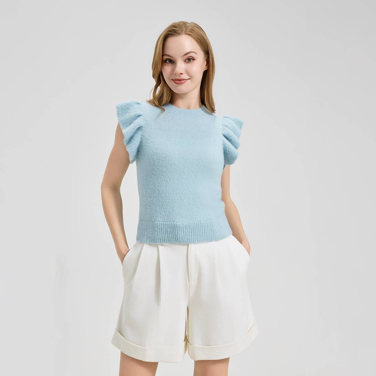 Women's Ruffle Cap Sleeve Crewneck Sweater - A New Day™ Blue M | Target