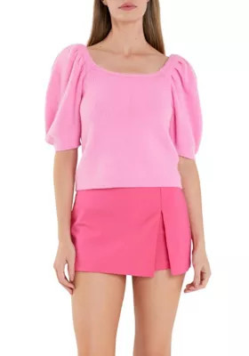 ENGLISH FACTORY Women's Short Puff Sleeve Sweater, Pink, Small | Belk