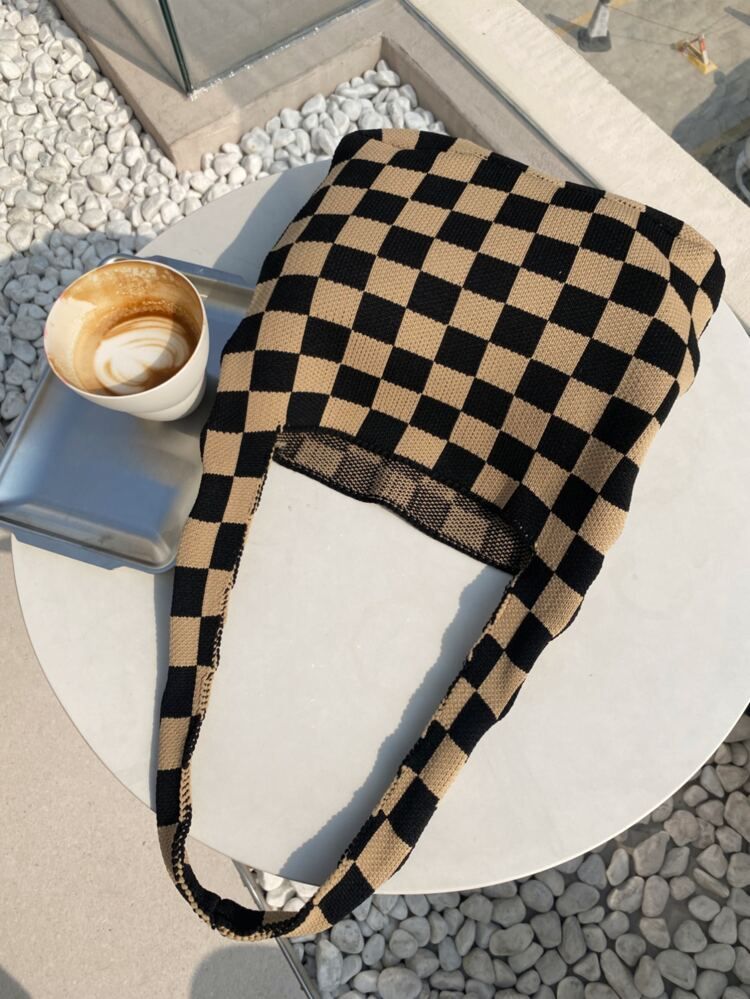 Checkered Pattern Crochet Bucket Bag | SHEIN